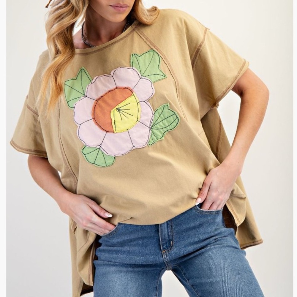 Easel Plus size Floral Patch Tan Top with colorful Appluque - Picture 5 of 5